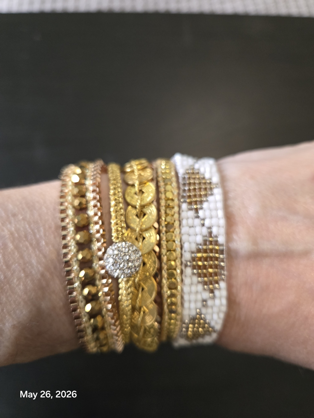 Victoria Emerson Gold and White Layered Bracelet Stack Magnetic Closure